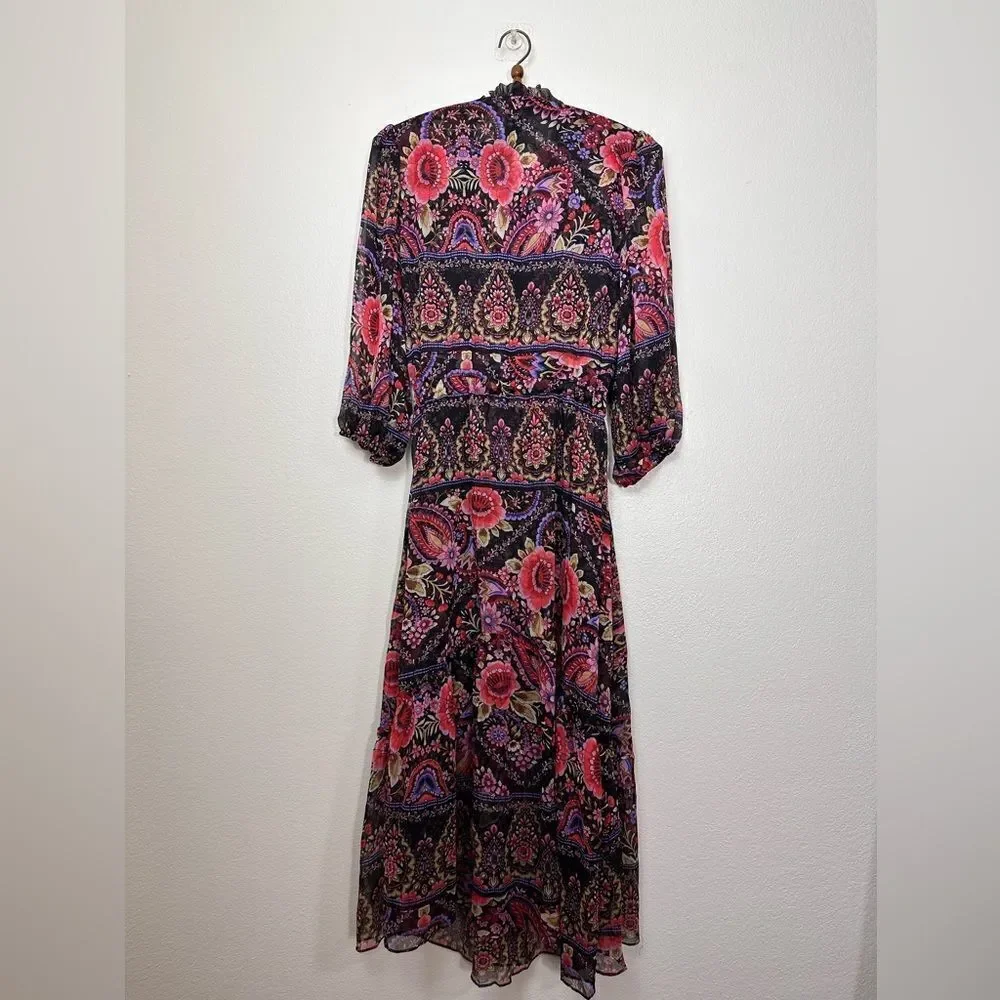 MISA Los Angeles Olivia Puff-Sleeve Floral Paisley Chiffon Midi Dress